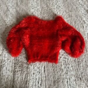 Red Off-the-Shoulder Sweater with Puffy Sleeves